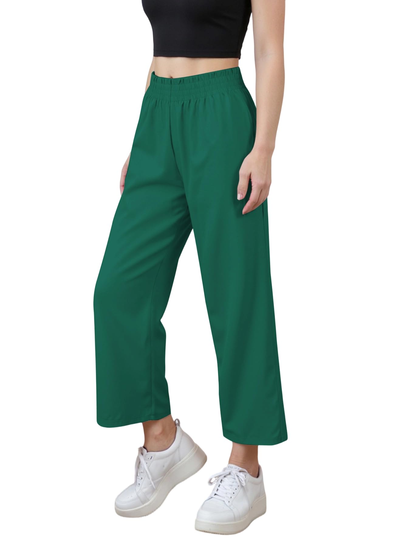 Womens Elastic Waist Wide Leg Lounge Pants - High Waisted Casual Long Pants with Pocket Soft Palazzo Trousers