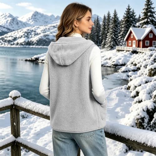Hooded Vest Women Sherpa Button Up Sleeveless Warm Waistcoat Outerwear - image 4