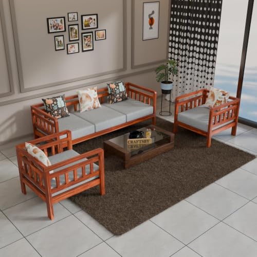 Image of Solid Sheesham Wood 5 Seater Sofa Set Without Centre Table for Living Room | Wooden 3+1+1 Five Seater Sofa Set with 5 Cushions | Modern Sofa Set for Home, Office & Lounge | Grey, Honey Finish