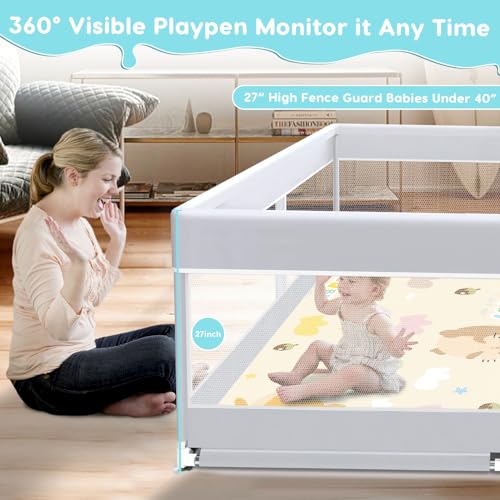 Image of Fshibila Baby Playpen with Mat, Baby Playard for Toddlers, Sturdy Safety Play Yard with Soft Breathable Mesh, Anti-Fall, 50 * 50 * 27 inches Grey
