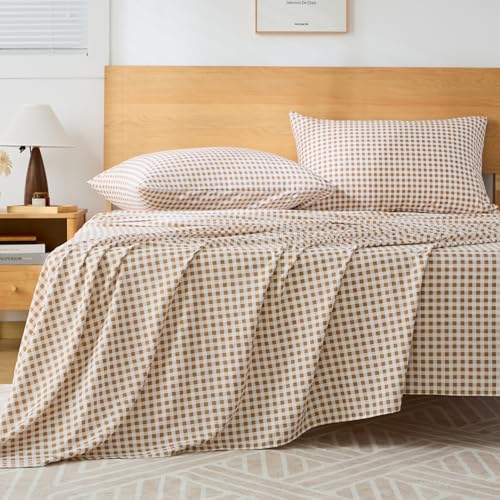 kisswish Tan Gingham Queen Sheet Set 4-Piece Soft Brushed Microfiber Bed Sheets - 16 Deep Pocket Fitted Sheet Wrinkle & Fade Resistant Hotel Luxury Bedding