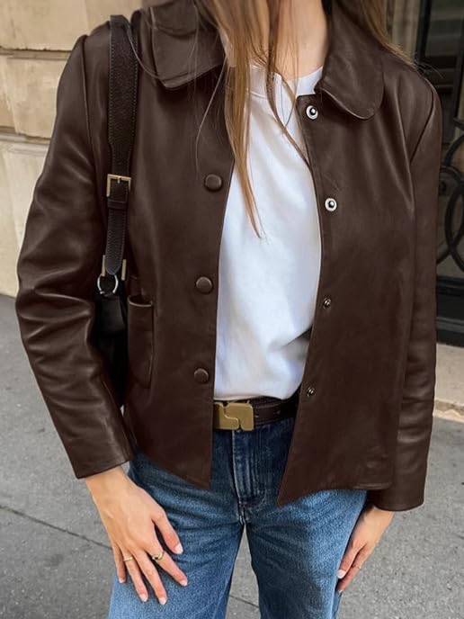 VOIKERDR Women Leather Jacket Cropped Leather Jacket Solid Color Button Down Jacket for Woman with Pockets3