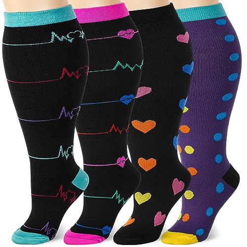 Image of Shinymoon 4 Pairs Plus Size Compression Socks Wide Calf for Women 20-30 Mmhg Knee High Support Stockings for Circulation
