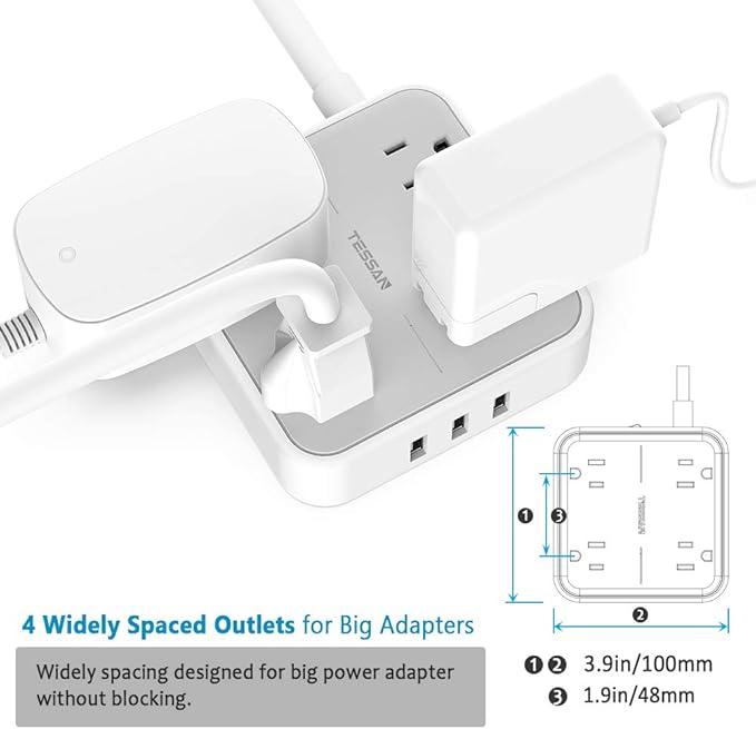 The TESSAN Long Extension Cord is designed to provide additional outlets and USB ports where they are needed the most. With four widely spaced outlets, it allows you to connect multiple devices without blocking adjacent sockets. This is particularly useful when dealing with larger adapters and chargers that tend to take up more space.