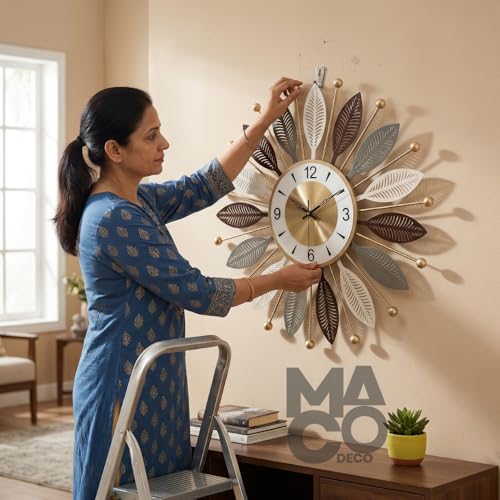 Image of Big Size Sunburst Design Wall Clock for Hall, Modern Gold Tone Dial Silent Analog Clock for Living Room, Bedroom, Stylish Decor