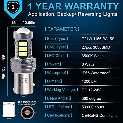 Ba15s 1156 P21W LED 12V 24V Reversing Light Bulbs, White 6500K High Bright Backing Up Lamps, DRL Daytime Running Lights, Rear Parking Lights, Rear fog lamp, 2 Pieces