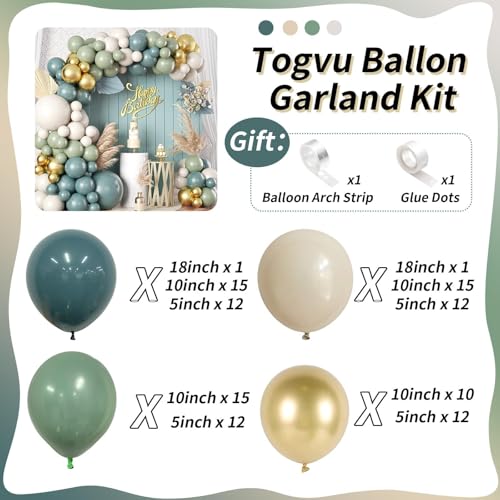 Image of Dusty Sage Green Blue Gold Balloon Garland Kit, 107 PCS Pastel Olive Green Slate Blue Beige Metallic Gold Balloon Arch Kit for Women Men Boho Birthday Wedding Baby Bridal Shower Party Decorations