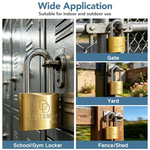 DELSWIN Weatherproof Padlock with Key (Keyed Alike) - Heavy Duty Solid Brass Locker Lock with 1-9/16" Long Shackle, Marine Grade Pad Lock for Outdoor Gate, Fence, Shed (2 Pack) by DELSWIN - Image 6
