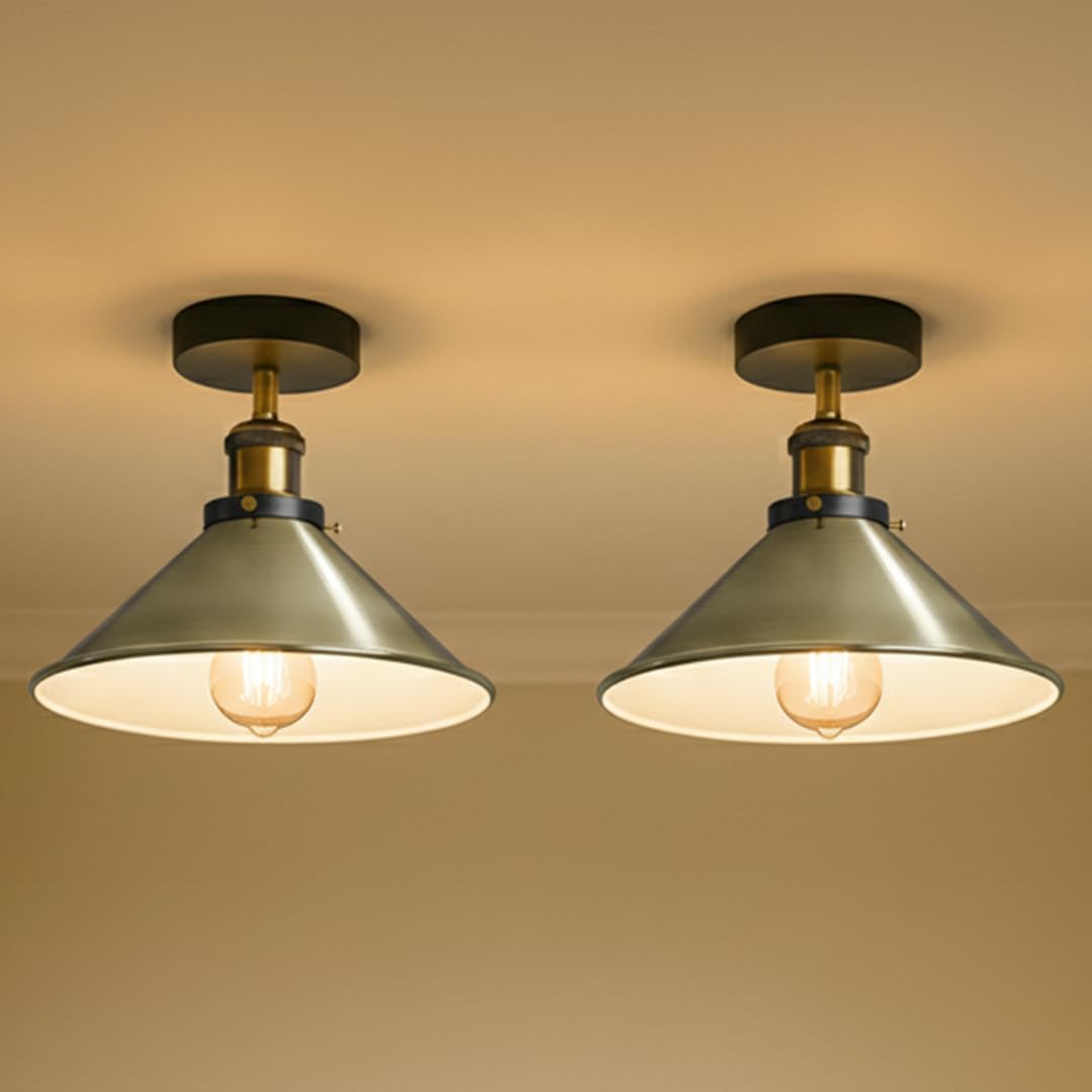 LEDSone 2 Pack Ceiling Lighting Semi Flush Mount Metal E27 Green Brass Cone Shade