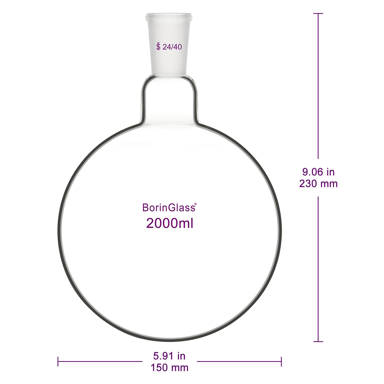 BorinGlass Matraz de Fondo Redondo de Un Cuello RBF, Matraz de Destilación de Vidrio con Junta Cónica Estándar 24/40, 2000 ml