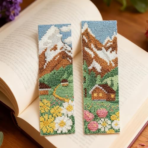 Image of ACRNIGHEET 6PCS Cross Stitch Bookmark Kit for Beginner Stamped Cross Stitch Kits for Adults Mountain Fields DIY Embroidery Bookmark Kits Needlepoint Kit with Instructions Craft Gift 8.5''x3'' 11CT