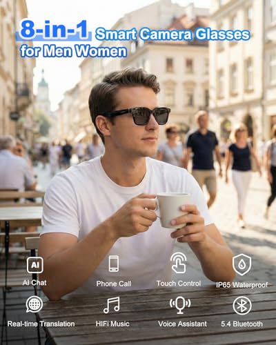 ONKELYIM AI Smart Camera Brille, 8 MP, 32 GB, 1200p-HD-Kamera, Unterstützt Foto-Video-Audioaufnahmen, Echtzeitübersetzung, Sprachassistent, Objekterkennung für Alltag, Arbeit und Vlogs