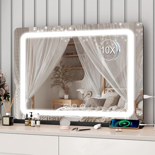 Tarainshen Hollywood Espejo de tocador con iluminación, espejo Hollywood con lámparas y 3 colores de luz, control táctil, puerto de carga USB, placa de Ischplatte o soporte de pared (negro)