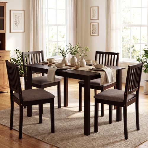 Giantex Dining Table Set for 4 Rectangular Kitchen Table Set w/4 Upholstered Chairs & Solid Rubber Wood Frame Space-Saving Dinette Set for Small Space Dining Room Breakfast Nook