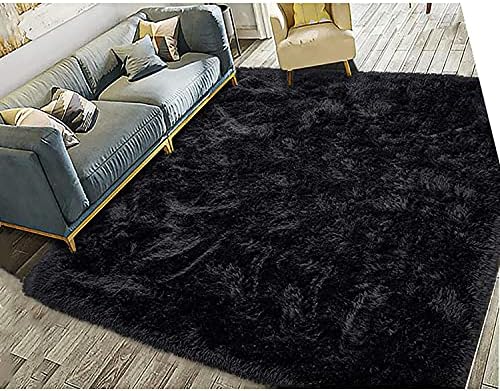 GOKISNE Area Rug for Bedroom, Fluffy Living Room Area Rug, Fluffy Carpet 6' x 9' for Kids Room, Shaggy Plush Rug for Nursery Room, Black
