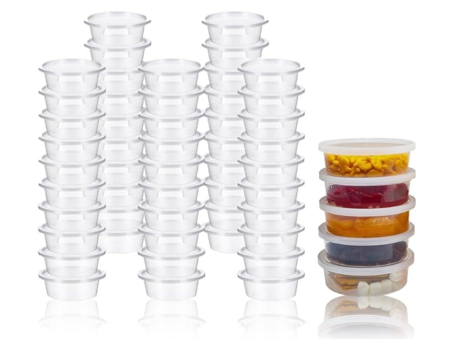 Pack of 100 - Round Stackable Food Container, Sauces Cups Small Containers with Lids, Clear Leakproof Plastic Take Away Sauce Pots for Small Dips Chutney Salads Restaurants Catering (2oz-50 ml)