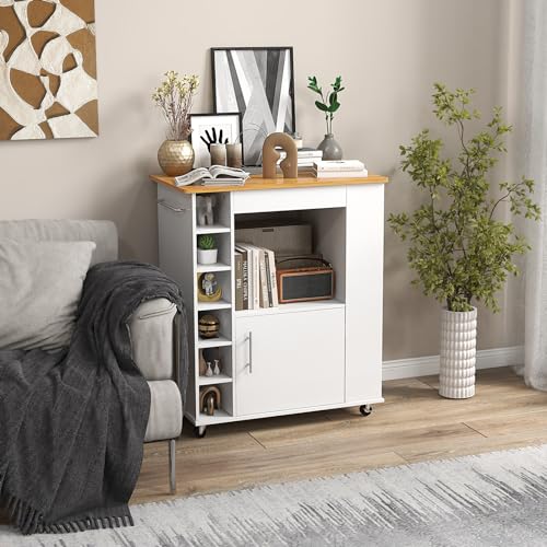 LOKO-Mobile-Kitchen-Island-with-Storage-Rolling-Microwave-Cart-with-Bamboo-Top-6-Bottle-Wine-Rack-3-Tier-Spice-Rack-Kitchen-Cart-with-Towel-Rack-on-Wheels-for-Dining-Room-Coffee-Bar-White LOKO Mobile Kitchen Island with Storage Rolling Microwave Cart with Bamboo Top 6 Bottle Wine Rack 3 Tier Spice Rack Kitchen Cart with Towel Rack on Wheels for Dining Room Coffee Bar White