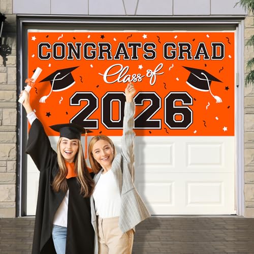 Image of 2026 Graduation Party Plastic Backdrop - 65 inch x 32.7 inch Congrats Grad Banner in Orange, Large Class of 2026 Decorations, Photography & Grad Party Supplies