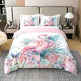 Loussiesd Kinder Flamingo Baumwolle Bettwäsche Set 135x200cm Jungs Mädchen Tropische Flamingo Muster Betten Set Blume Floral Drucken Bettbezug Set Bauernhaus Zoo Wildtierstil Bettwäsche-Set