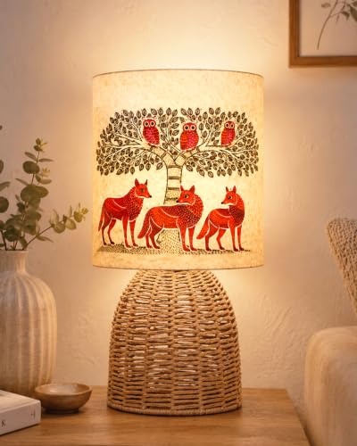 Image of Homesake Handwoven Rattan Table Lamp with Gond Art Printed Fabric Shade, Decorative Raffia Oval Bedside Lamp, Boho Cane Table Lamp with E27 Holder, Living Room & Bedroom Home Decor
