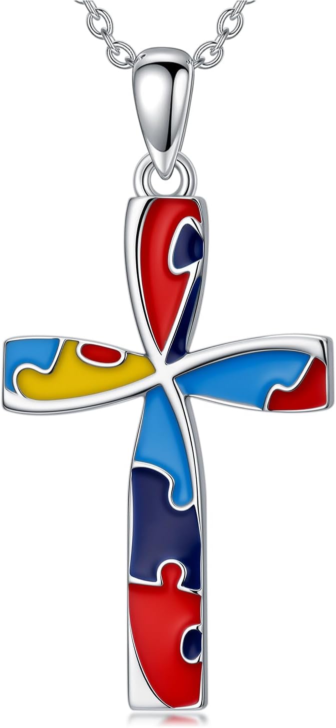 Autism Necklace 925 Sterling Silver Autistic Colorful Puzzle Piece Necklace Jewelry Autism Gifts for People with Autism