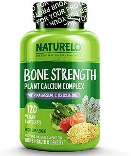 NATURELO Bone Strength - Plant Calcium, Magnesium, Potassium, Vitamin D3, VIT C, K2 - No GMOs, SOYA or Gluten - Complete Whole Food Supplement for Bone Health - 120 Vegan Capsules | 1 Month Supply