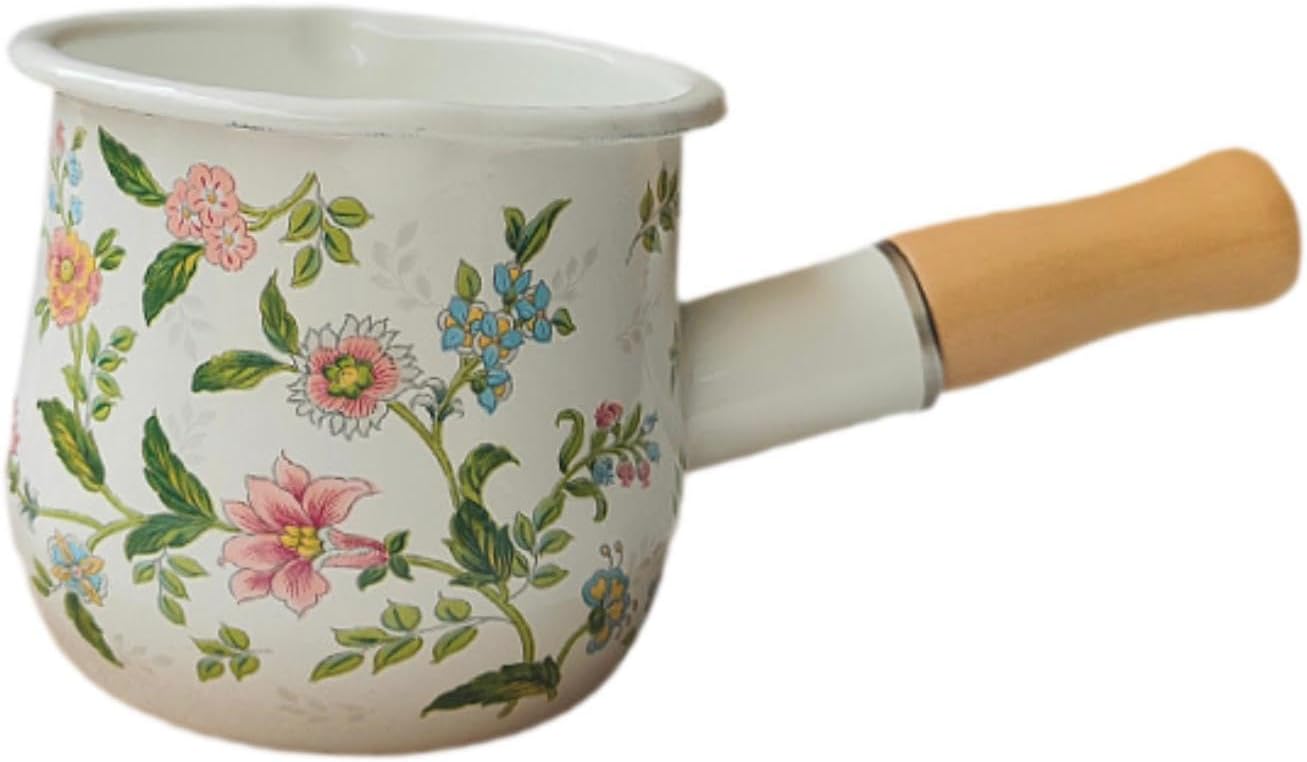 Small Enamel Milk Pot Mini Soup Pot Cookware 400ml with Wooden Handle Small Saupan Sau Pan Restaurant Camping Kitchen