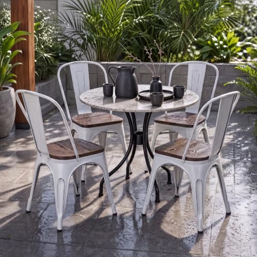 Image of Furmax Metal Dining Chairs with Wood Seat, Indoor-Outdoor Use Stackable Chic Dining Bistro Cafe Side Metal Chairs Set of 4(White)