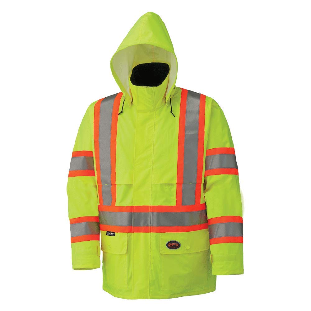 Pioneer High Visibility, 150D Lightweight Waterproof Safety Rain Jacket with Detachable Hood, Reflective Tape, Yellow/Green, Unisex, L, V1090160U-L