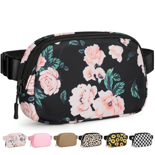 Pritent Fanny Packs for Women Cross Body Bag Waterproof Belt Bag with Adjustable Strap and Zipper Back Pocket Small Crossbody Bags Fashion Waist Packs for Workout Travelling(Flower Print)
