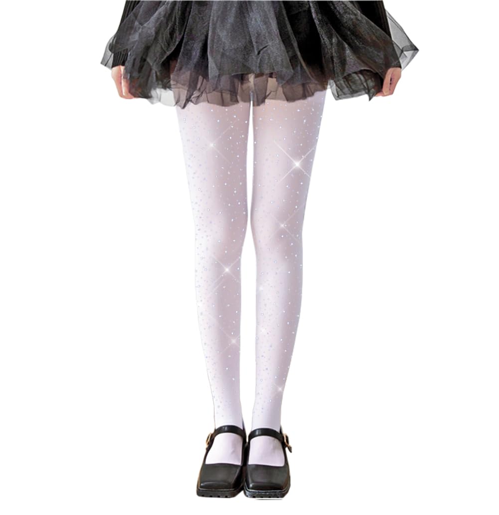 LUCKELF Glitter Tights for Girls, Soft, Opaque, Sparkling, Rhinestone, School Dress, Dance Tights, White/Opulent Garden, 8-14 Jahre