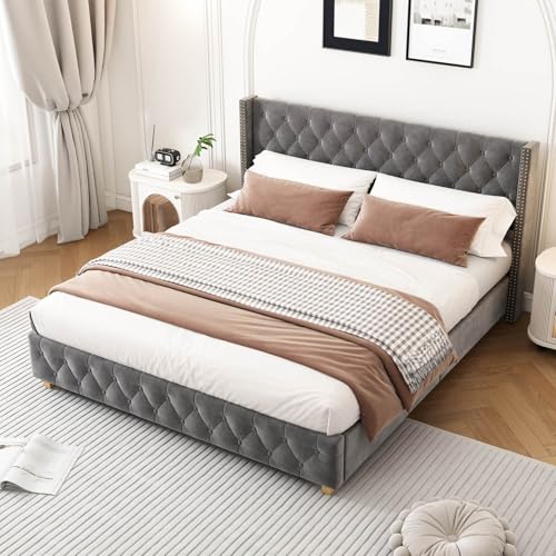 PUGSDRLY Lit Double 140x190 avec Sommier à Lattes,lit 2 Places avec Tête Capitonné,Tissu de Velours,Design Rivets,Pieds en Bois,pour Enfant Adolescent...