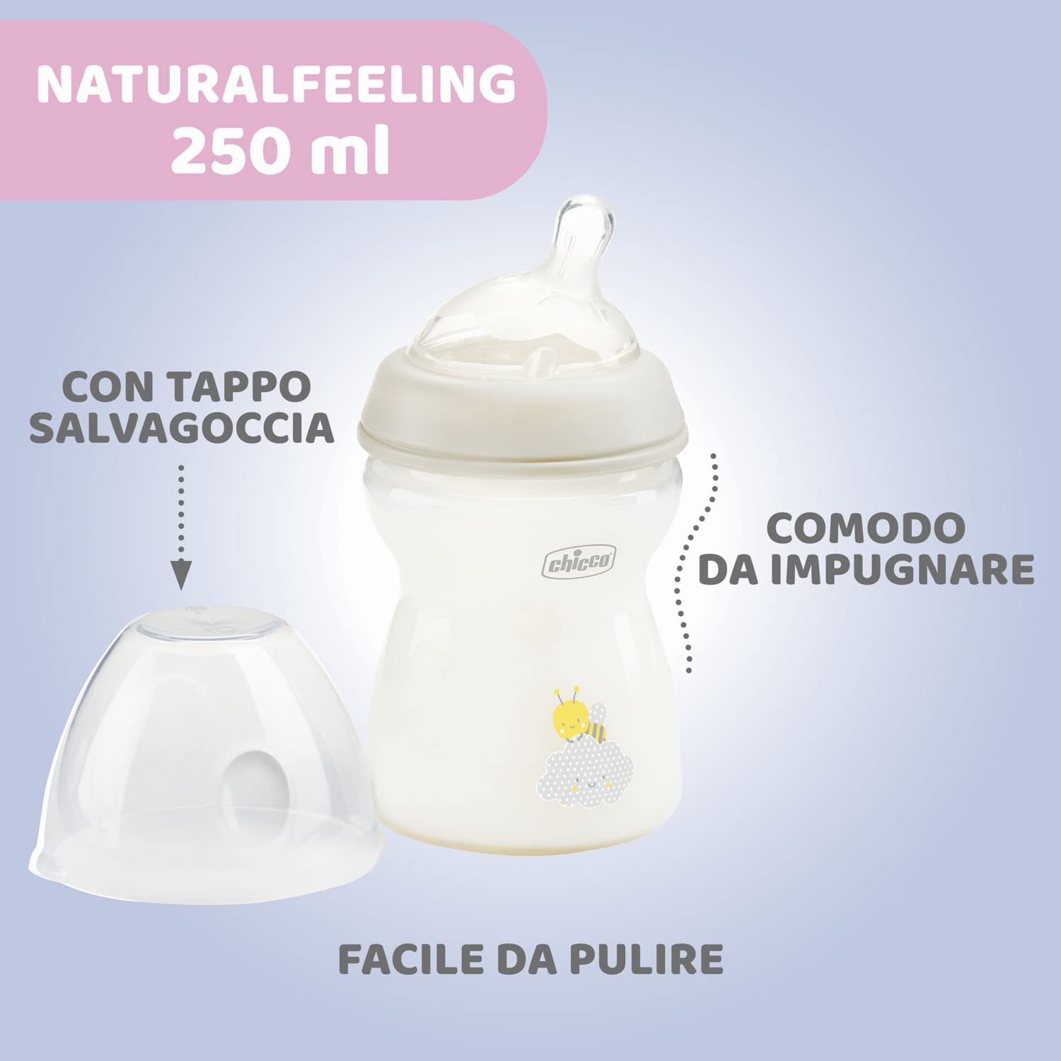 Chicco Set Biberon Natural Feeling, 4 Biberon, Tettarella In Silicone Mesi+, Scovolino e Gommotto 0 Mesi+ Trasparente, Effetto Anticolica, 150/250ml, Neutro