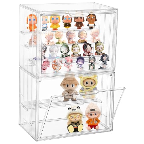 Attelite Acrylic Display Case,Upgrade 4 Tiers Clear Display Case with 3 Adjustable Divider, 2 Pack Stackable Large Storage Box with Magnetic Door for Collectibles Action Figures