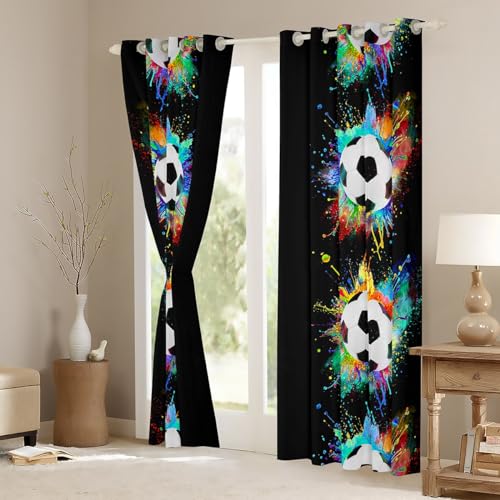 Homemissing Football Curtains for Bedroom Living Room Kids Soccer Ball Pattern 30%-50% Blackout Curtains Boys Girls Hip Hop Darkening Drapes Sports Theme Black Window Treatments W46*L54 - Image 3