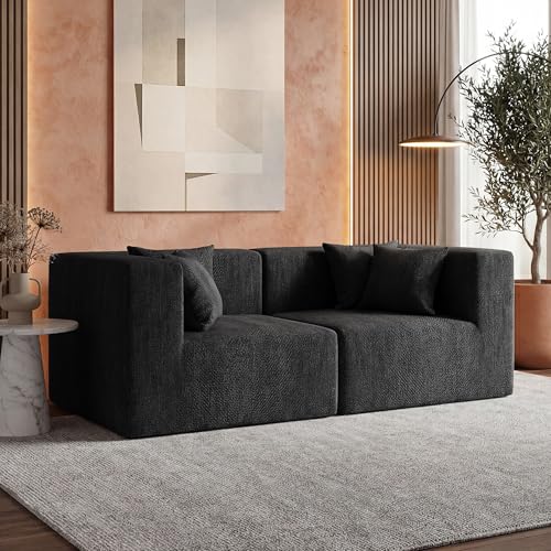 Image of MONVANE 75 inch Loveseat Sofa, Comfy Chenille Modular Sectional Sofa with 4 Pillows, Modern Deep Seat Boneless Couch, 2 Seater Sofa for Living Room, Bedroom and Apartment, Black