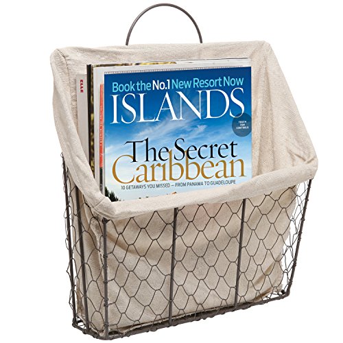 Country Rustic Wall-Mounted Metal Wire Hanging Magazine/Newspaper Storage Basket w/Beige Linen Fabric