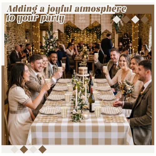 Image of Funnymoom 452 Pcs Brown Gingham Party Supply for 50, Beige Plates Napkins