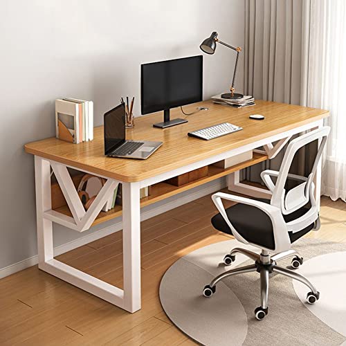 Escritorio esquinero curvo industrial moderno para oficina con parte superior de madera resistente y patas de metal, escritura y texto para estudiantes