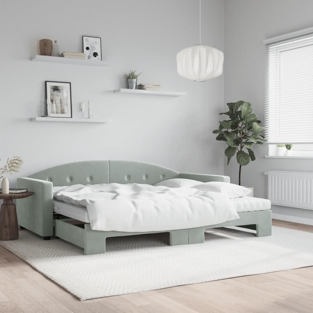 Homgoday Letto da giorno con Gigogne e Materasso Grigio Chiaro 90 x 200 cm Velluto, panca letto di riposo convertibile, cornice per letto da giorno per camera da letto, soggiorno, camera degli ospiti