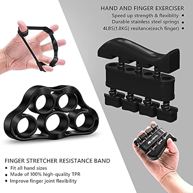 Hand Grip Strengthener Kit - Ultimate Hand Exerciser Set for Forearm Workout, Adjustable Grip Strength Trainer, Stress Relief Ball, Exercise Ring, Training and Recovery (Frosted Black)