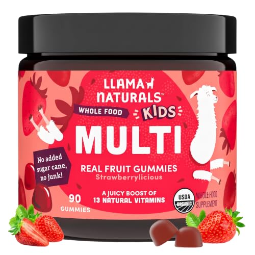 Llama Naturals Kids Multivitamin Gummies | Real Fruit No Added Sugar Cane | Organic Vegan Toddler Whole Food Vitamins | Vitamin D C & Beta Carotene Gummy Supplement | Strawberry 90 Ct (1-2 Months)