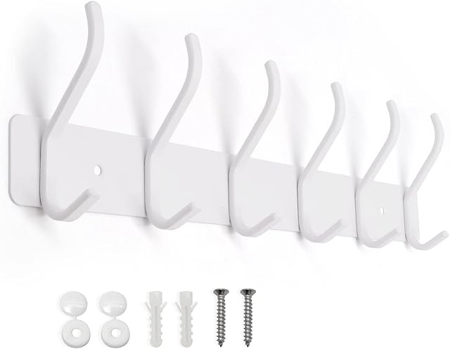 YONIAK Wall Mounted Coat Hooks, Heavy Duty Coats Hook with 6 Hooks, Hook Rack for Hanging Towel, Clothes, Hat, Metal Wall Coat Racks for Kitchen, Bathroom, Bedroom, Matte White