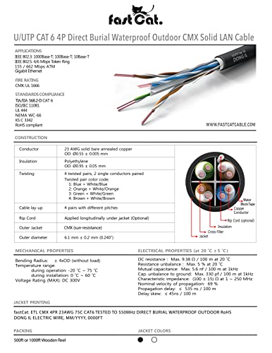 fast Cat. Cat6 Direct Burial Outdoor Rated CMX Cable,Waterproof, 23AWG Solid Bare Copper, 550MHz, UL Listed, Unshielded UTP, Bulk Ethernet Cable (500ft, Brown)