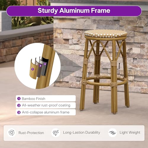 Image of PURPLE LEAF Patio Round Counter Height Stool Set of 2 Outdoor Backless Barstools Aluminum Frame in Bamboo Finish with Amber & White Woven Rattan for Indoor Kitchen Dining Bistros Cafe Restaurant