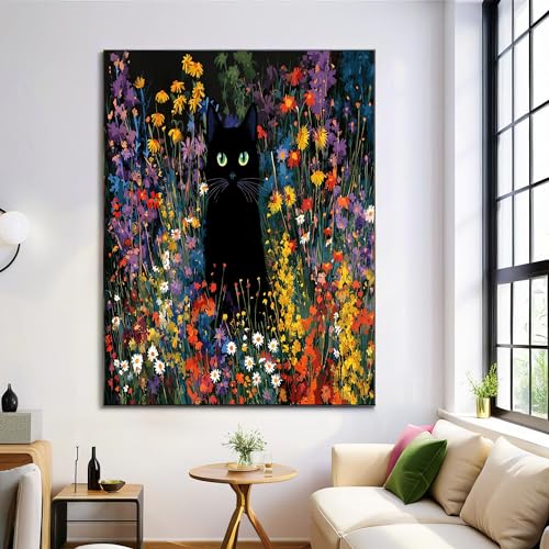 Art mural chat noir fleurs sauvages toile deco coloree rustique