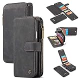 SZCINSEN Funda tipo cartera para iPhone Xs Max 2 en 1 con cremallera de cuero desmontable magnética 14 ranuras para tarjetas, bolsa de embrague de cuero funda tipo cartera (color negro)