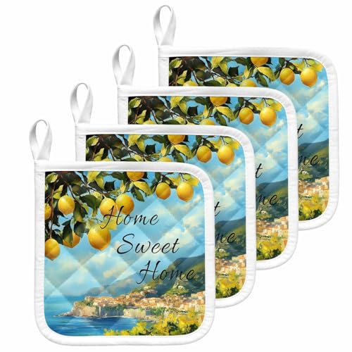 4 Pack Pot Holders Heat Insulation Hot Pads,Lemon Summer Seaside