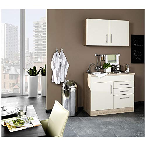 Lomadox Single-Küche 100cm Hochglanz Creme inkl. Spüle & Kochmulde