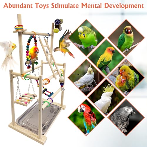 Image of Hamiledyi Natural Wood Bird Playground - Large 3-Tier Perch Stand with Exercise Platforms Durable Activity Gym for Parrots, Cockatiels and Small Birds Bird Stand with Ladders and Swings